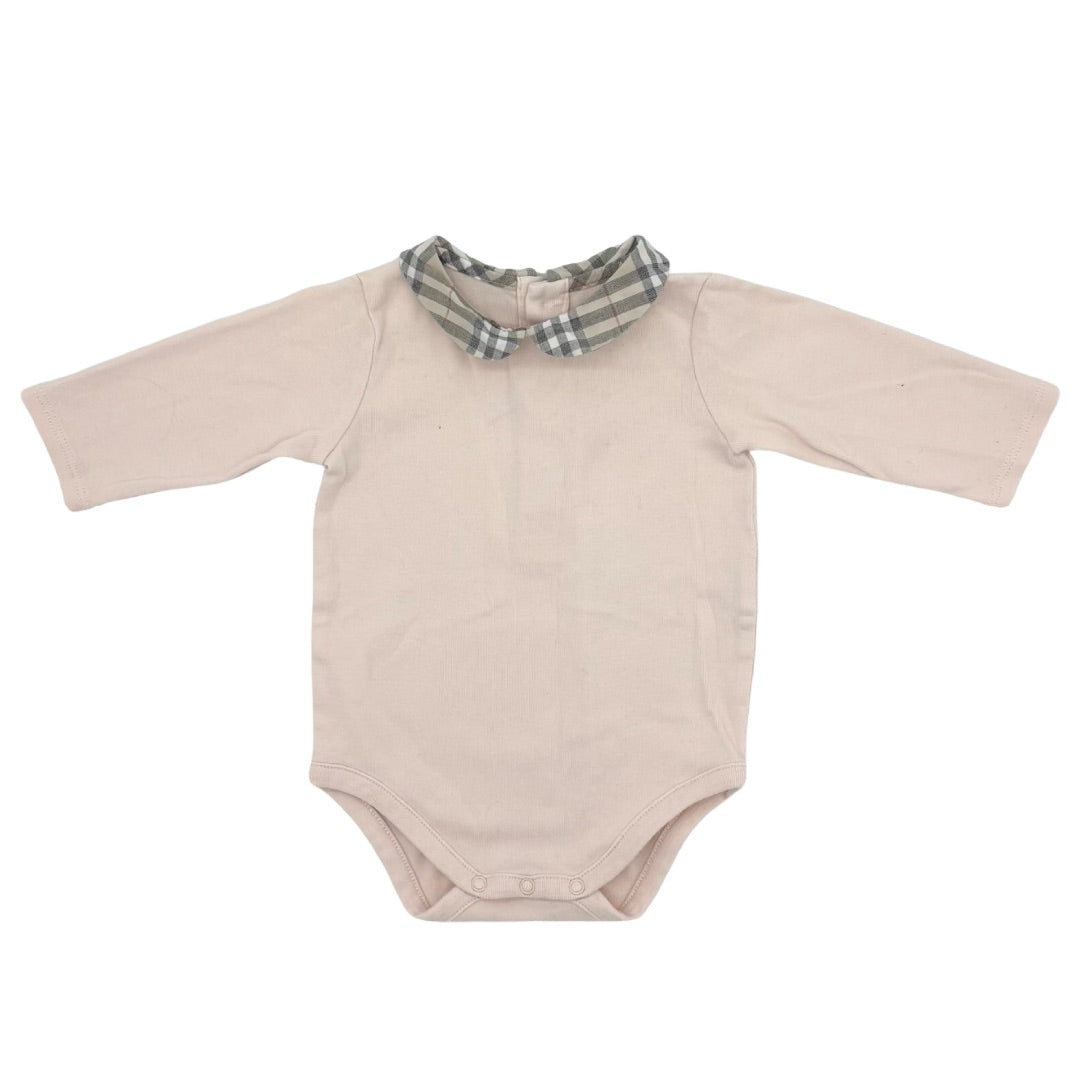 Burberry Pink long sleeve onesie w/check collar, 3 months