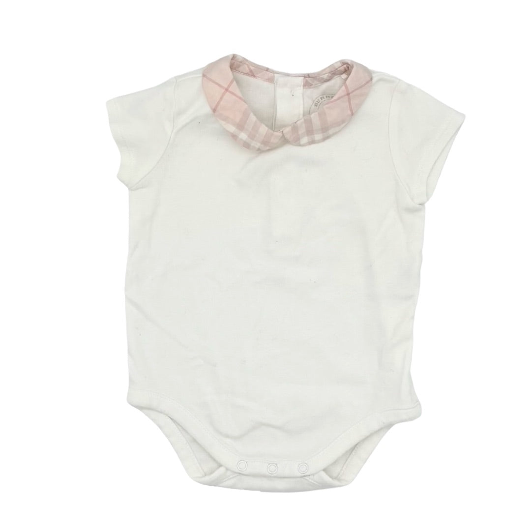 Burberry White onesie w/pink check collar, 3 months