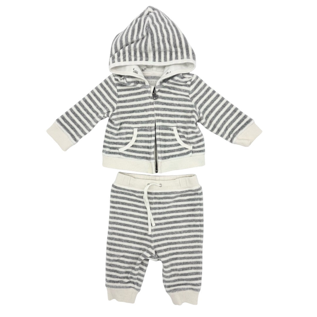 Burberry Grey strip zip up/pant set, 3 months
