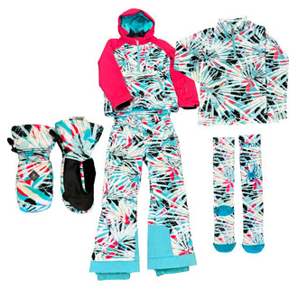 Spyder Ski Jacket and Pant Set with Ski Socks, Gloves, and Base Layer Long Sleeve Shirt in Pink, Teal, and Black Pattern, 10 years