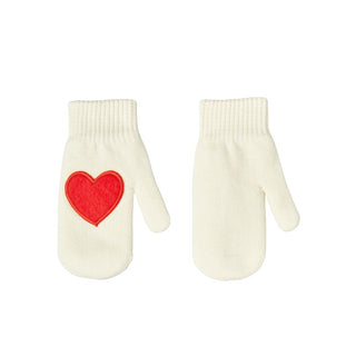 Mini Rodini Polar Fleece Off White Mittens with Heart Patch, 9-24 months