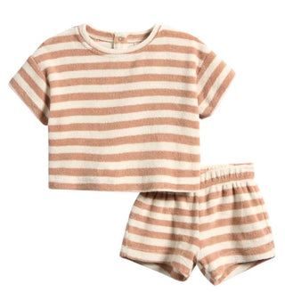 Quincy Mae Terry Tee Short Set in Latte Stripes - New With Tags, 3-6 months