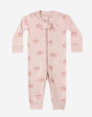 Quincy Mae Zip Longsleeve Sleeper in Blush with Carousel Pattern  -  New With Tags, 3-6 month
