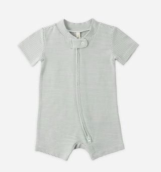 Quincy Mae Zip Short Sleeve Sleeper in Sage Green Stripe - New With Tags, 3-6 months