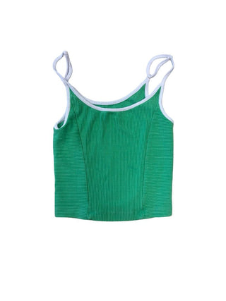 Katie J Crop Ribbed Green Tank with White Piping, XL Youth