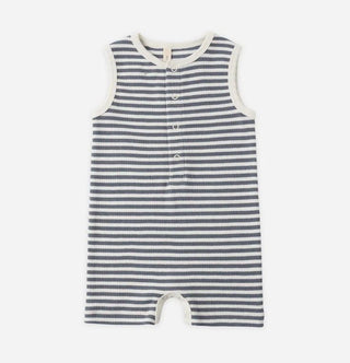 Quincy Mae Ribbed Henley Romper with Ocean Blue Stripes -  New With Tags, 3-6 months