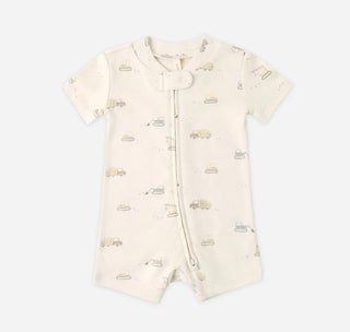 Quincy Mae Zip Short Sleeve Sleeper in Construction Trucks Pattern - New With Tags, 3-6 months