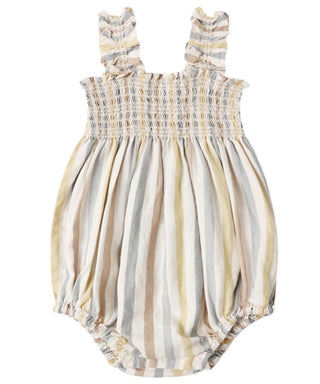 Rylee + Cru Julia Romper in Valencia Blue and Yellow Stripe, 6-12 months