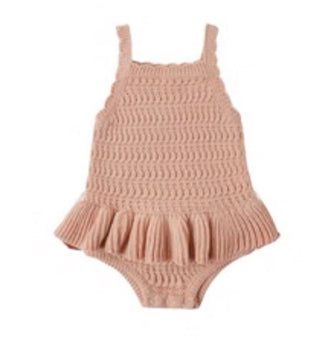 Rylee + Cru Crochet Ruffle Romper in Melon Pink - New With Tags, 6-12 months