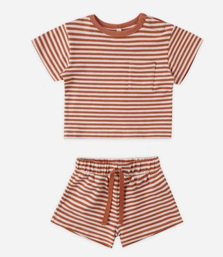 Quincy Mae Boxy Pocket Tee and Short Set in Poppy Stripe - New With Tags, 3-6 months