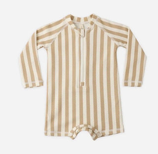 Quincy Mae Long Sleeve One PIece Rashguard in Retro Latte Stripe - New With Tags, 3-6 months