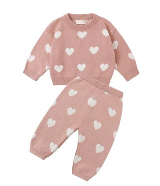 Quincy Mae Heart Knit Pink Sweater and Sweatpant Set - New With Tags, 3-6 months