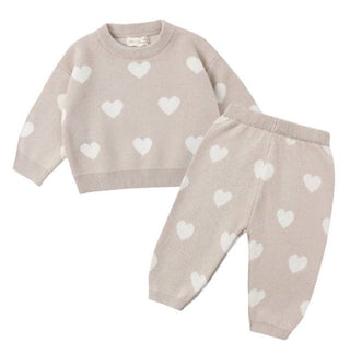 Quincy Mae Heart Knit Sweater and Sweatpants Set in Oat - New With Tags, 3-6 months