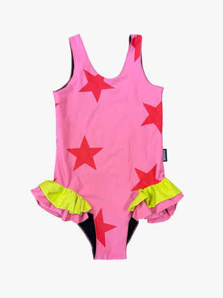 Nununu Pink and Red Star Swim Suit with Yellow Ruffle Detail, 6-7 years