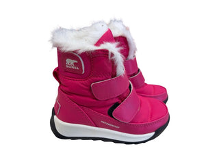 Sorel Pink Whitney II Strap winter boots w/faux fur collar, 7 little kid