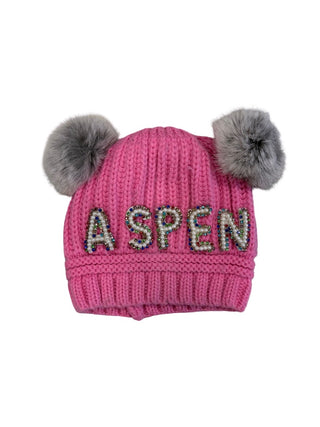Pink sequin Aspen crochet hat w/pom poms