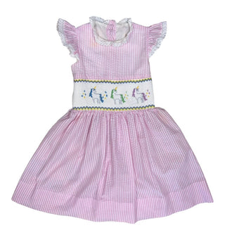 Elfie London Smocked Unicorn Pink Stripe Dress with Lace Collar and Sleeves, 8 years