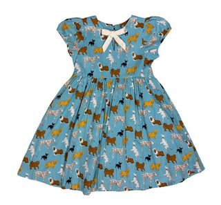 Pink Chicken Dog Printed Blue Dress with Bow Detail, 7 years