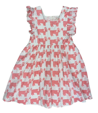 Pink Chicken Pink Poodle Pattern Dress with Ruffle Sleeves, 10 years