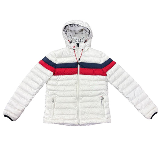 Perfect Moment White w/red/navy stripes down ski jacket, Womens xsmall