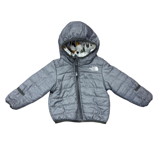 The North Face Reversible perrito hooded jacket charcoal/animal print, 12-18 months