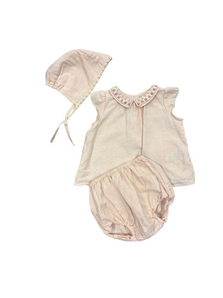 Bonpoint Blush Pink Set with Bloomers, Top and Bonnet, 6 months