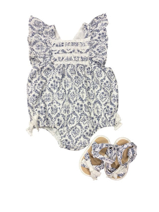 Happy Grey Kids White and Blue Bunny Print Romper and Sandals Set, 6-9 months