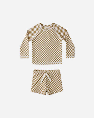 Rylee + Cru Boys rashguard Ocre check set new with tag, 6-12 months