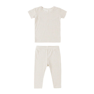 Quincy Mae Oat gingham bamboo short sleeve pj set new with tag, 3-6 months