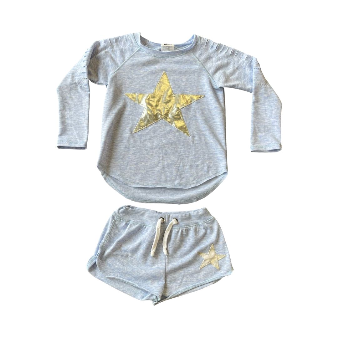 Random Hearts blue star top/short set, 5 years