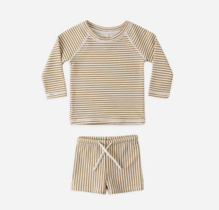 Quincy Mae Honey stripe rashguard and short set new with tag, 3-6 months