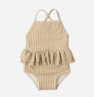 Quincy Mae Honey stripe ruffled one piece swimsuit new with tag, 3-6 months