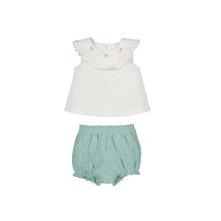 Mayoral White pink floral embroidered top with green bloomers new with tag, 0-1 month