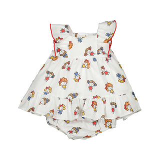 Mayoral White printed dress with red embroidery new with tag, 0-1 month
