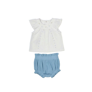 Mayoral White top with blue flowers and blue bloomer new with tag, 0-1 month