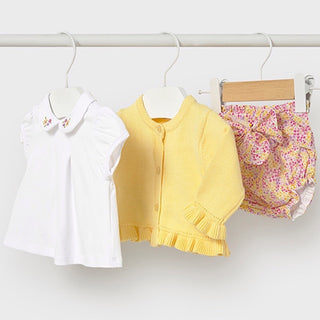 Mayoral Yellow knit set with floral bloomers new with tag, 0-1 month