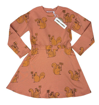 Mini Rodini Orange Sweater Dress with Squirrels Holding Protest Signs, 8-9 years