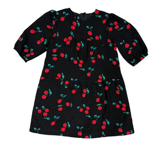 Space Grey Black Textured Dress with Cherry Pattern, 4 years