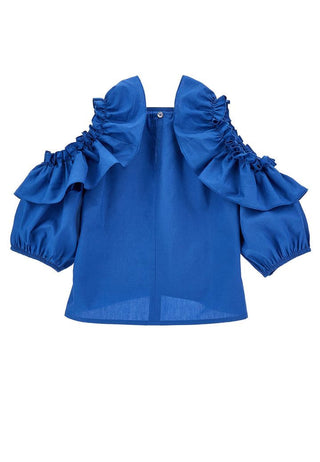 Monnalisa blue blouse with shoulder cut outs , 9 years