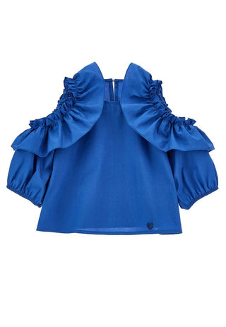 Monnalisa blue blouse with shoulder cut outs , 9 years