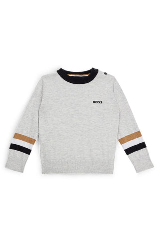 Hugo Boss grey crewneck with striped sleeves , 6 years