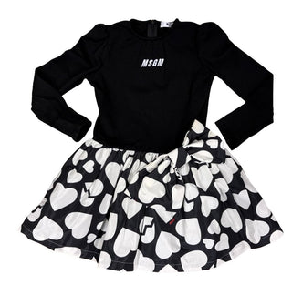 MSGM Black and White Heart Skirt Dress with Big Bow, 6 years