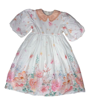 Eirene White Dress with Puff Sleeves and Floral Print, Lacey Collar, 2-3 years