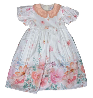Eirene White Dress with Puff Sleeves and Floral Print, Lacey Collar, 5-6 years