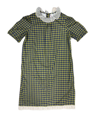 Bonpoint Green and Blue Plaid Dress with Lace Collar and Trim, 14 years
