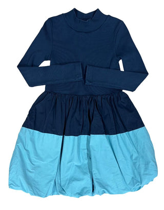 The Middle Daughter Blue and Teal Dress with Ribbed Top and Puffed Bottom, 7-8 years