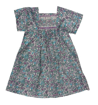 Bonpoint ( label missing) Teal and Purple Garden Floral Print Dress with Smocking, 5 years