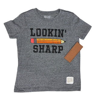The Original Retro Brand Grey Tee with "Lookin Sharp" Pencil Graphic, Youth Small