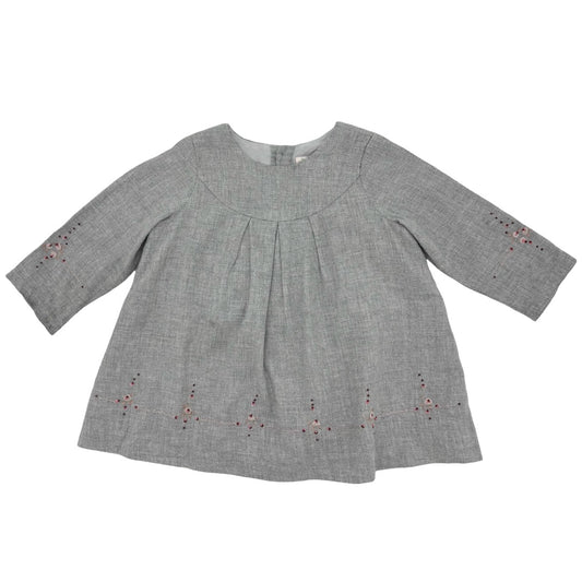 Bonpoint Grey w/red/pink floral embroidery dress, 18 months