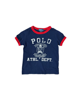 Polo Ralph Lauren Navy Blue and Red Ringer Tee with Distressed Graphics, 3 years